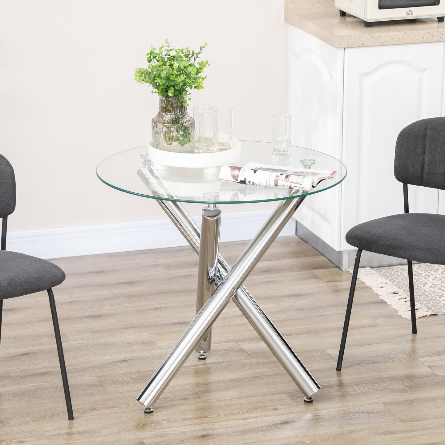 Eettafel – Ronde Tafel – Keukentafel – Dinetafel – Glazen Tafel – Hardglas Zonder Rand – Stabiele Stalen Poten – Ø80 x 74 cm – Geschikt Voor 2-4 Personen