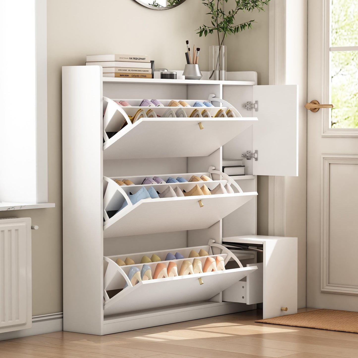 Schoenenkast – Schoenopberger – Schoenmeubel – Schoenrek – Schoenbank – Wit MDF – Kantelbare Lades en Opvouwbare Zitbank
