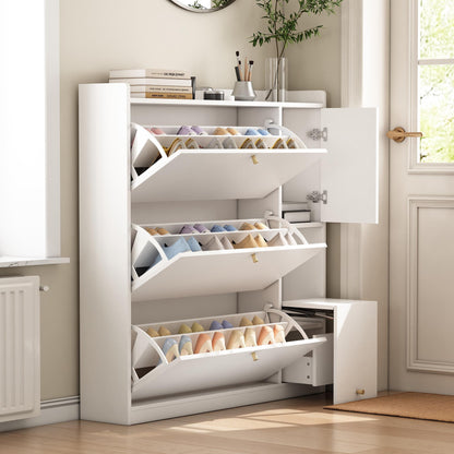 Schoenenkast – Schoenopberger – Schoenmeubel – Schoenrek – Schoenbank – Wit MDF – Kantelbare Lades en Opvouwbare Zitbank