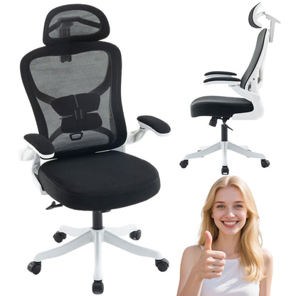 Bureaustoel – Bureaustoelen – Office Chair – Gamestoel – Draaistoel – Ergonomische Verstelbare Lendensteun – Memory Foam Zitting & Hoofdsteun – 360° Draaibaar – 90° Opklapbare Armleuningen – Wit/Zwart