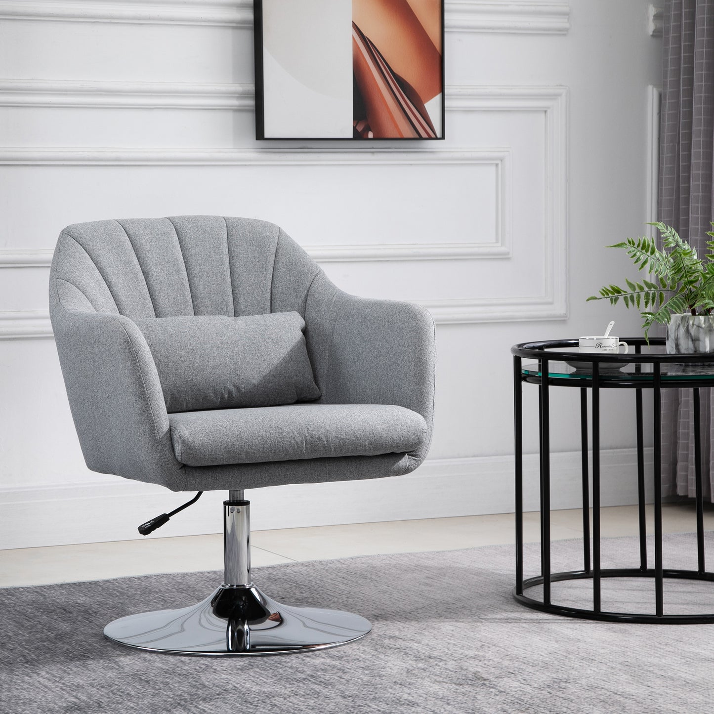 Draaifauteuil – Fauteuil – Relaxstoel – Lounge Chair – Comfortstoel – Verstelbare Hoogte – 360° Draaibaar – Grijs – Met Lendensteun – Met Chroom Metalen Onderstel