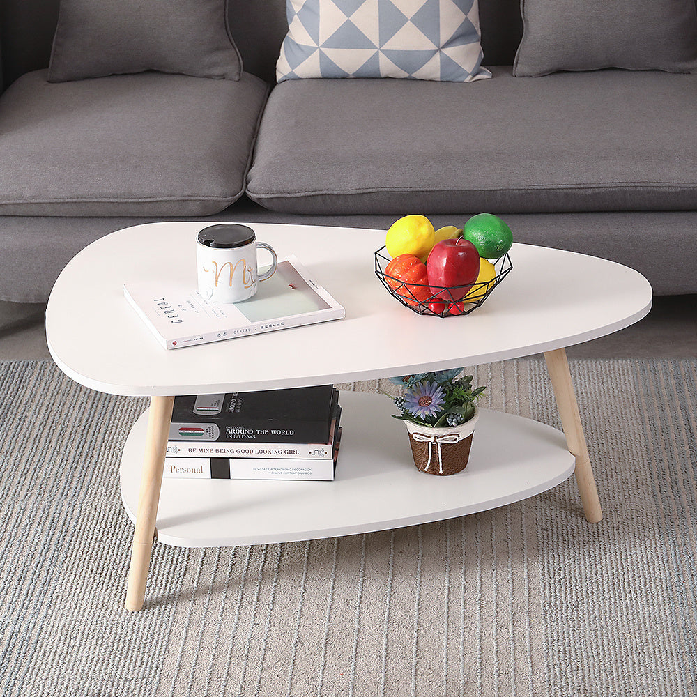 Witte Salontafel – Koffietafel – Bijzettafel – Tafel – Sofa Tafel – Ovaal Design – Dubbele Lagen – Compact 90x60x40 cm