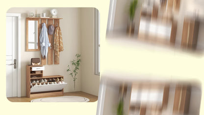 Halmeubel 3-in-1 – Kapstok – Schoenenkast – Spiegel – Opbergmeubel – Walnoot en Wit – 6 Haken – Verstelbare Plank