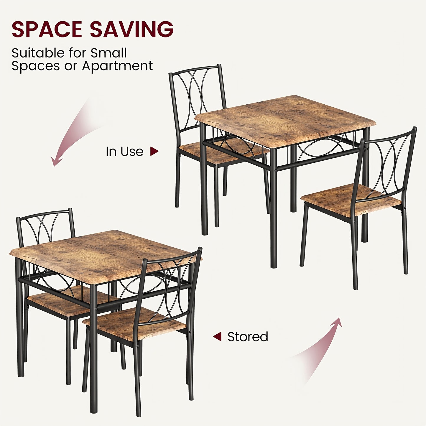 Eettafelset – Keukentafelset – Eethoek – Zitgroep – Tafel met Stoelen – Compact Design – MDF Hout en Stalen Frame – Bruin Met Zwarte Accenten