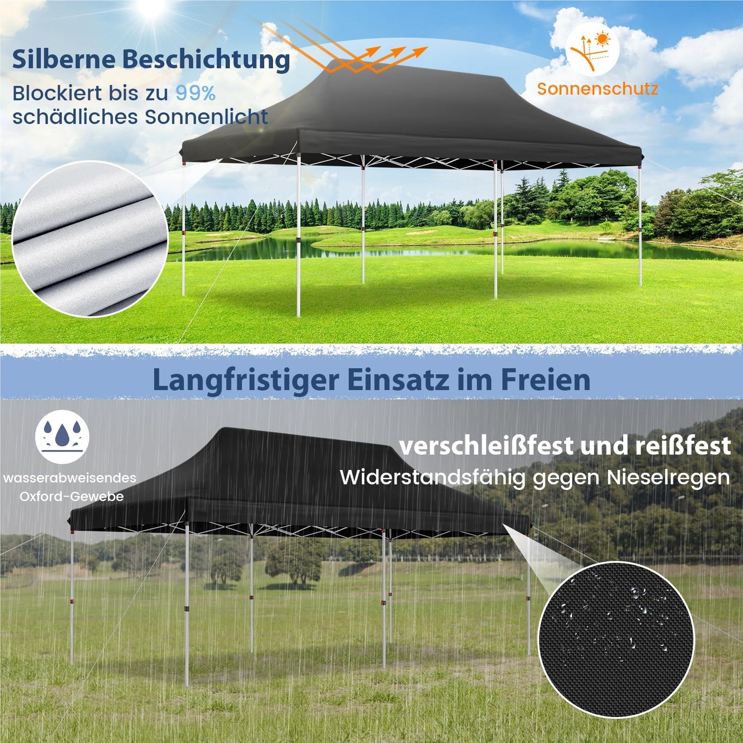 Vouwpaviljoen – Partytent – Tuinkamer – Evenemententent – Tentenhal – 3x6m – Waterbestendig en UV Bescherming 50+ – Hoogte Verstelbaar – Zwart