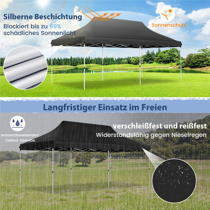 Vouwpaviljoen – Partytent – Tuinkamer – Evenemententent – Tentenhal – 3x6m – Waterbestendig en UV Bescherming 50+ – Hoogte Verstelbaar – Zwart