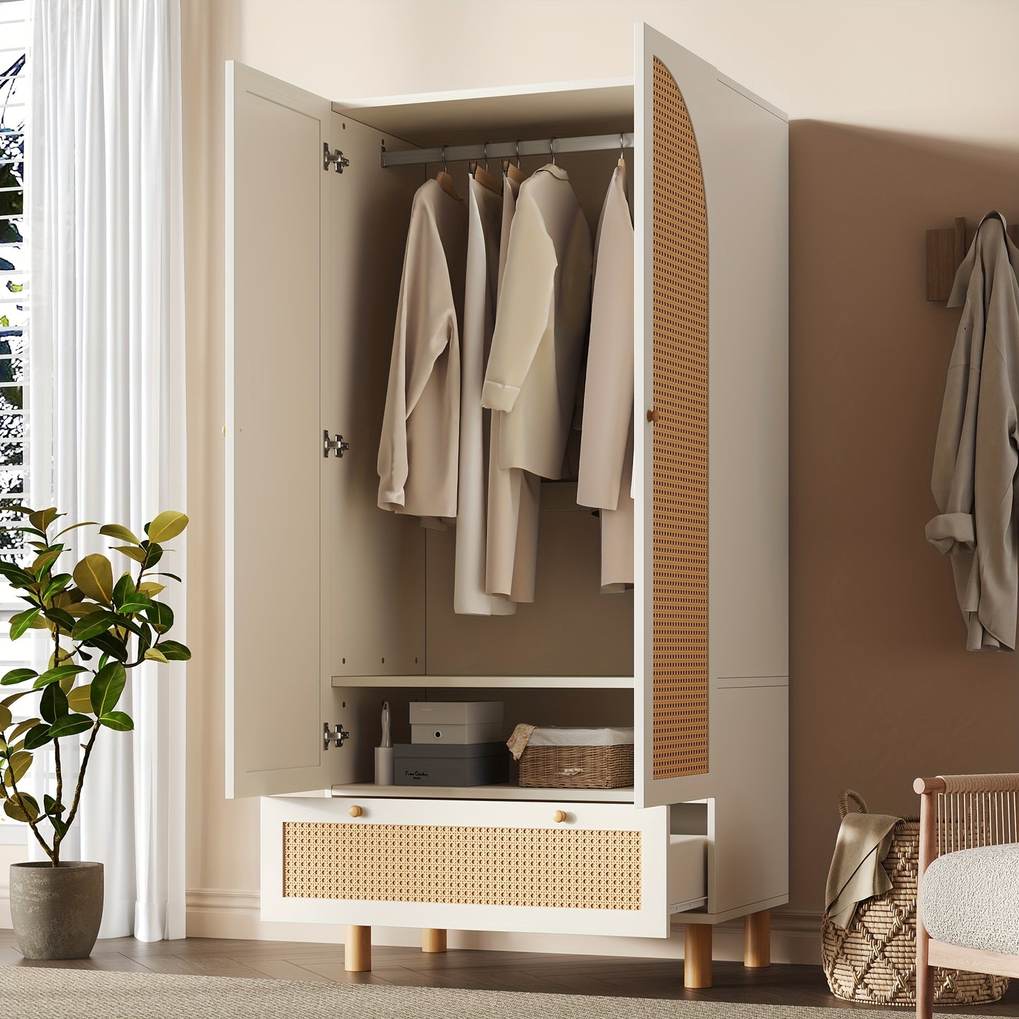 Kastenunit – Opbergkast – Kabinet – Dressoir – Ladekast – Tegen Kantelen – Verstelbare Planken – Rieten Deuren – Vrijstaand – Wit Houtkleur