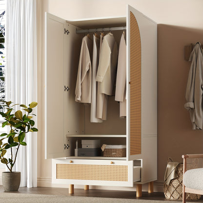 Kastenunit – Opbergkast – Kabinet – Dressoir – Ladekast – Tegen Kantelen – Verstelbare Planken – Rieten Deuren – Vrijstaand – Wit Houtkleur