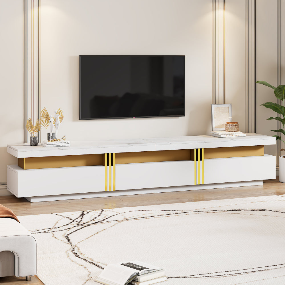 Contemporary low TV cabinet with marble finish, featuring three drawers and one cable management compartment. Dimensions: 200 x 40 x 42cm. Suitable for televisions under 90 inches., Media Console, Sleek Furniture, Modern Cabi