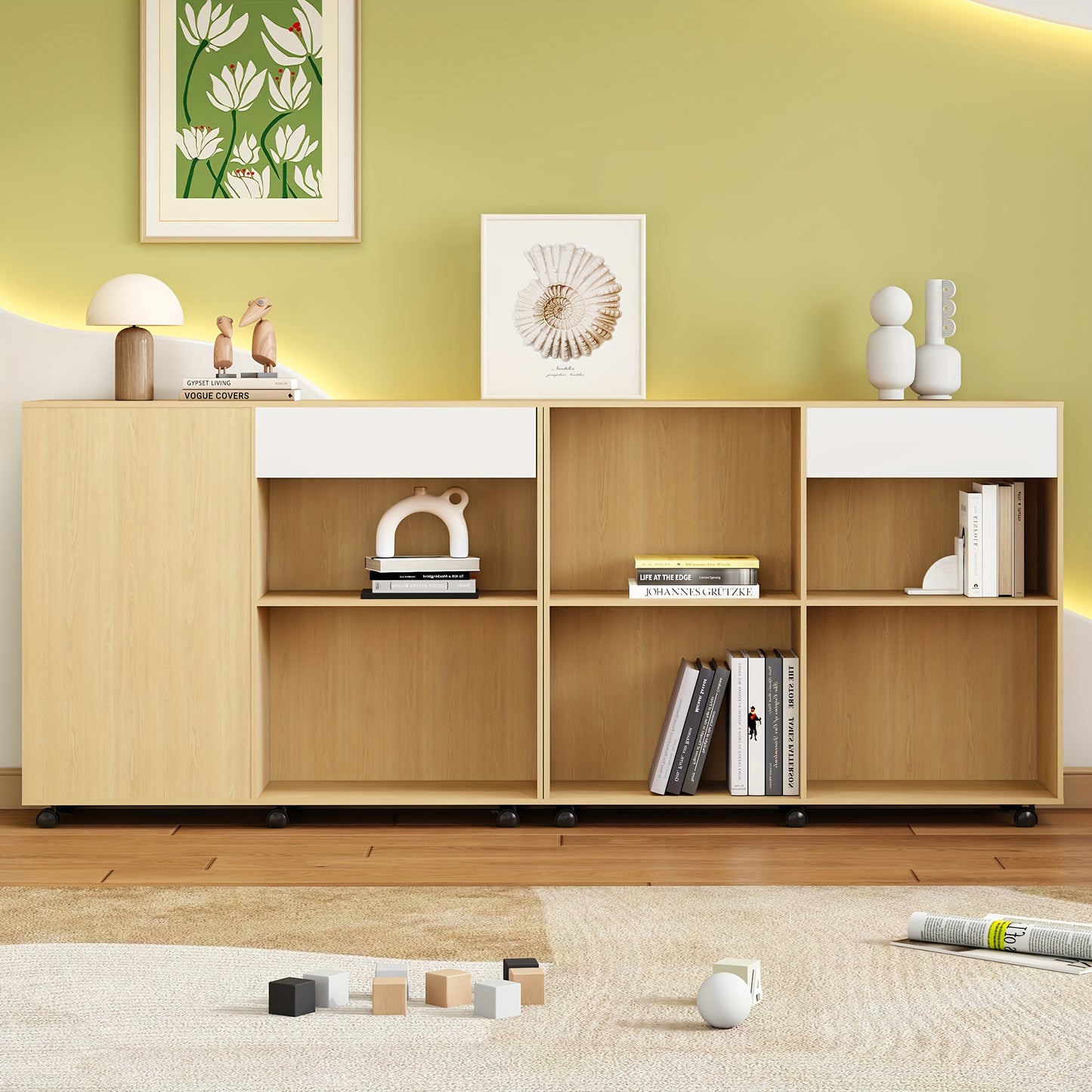 Boekenkast – Opbergkast – Vakkenkast – Stellingkast – Open Kast – Bamboe Materiaal – 6 Planken + Verborgen Deurtje – Vrijstaand – 69 cm Hoog – Natuurlijk Beige/Wit – 3,2 Kubieke Voet Opbergruimte – Modern Minimalistisch Design