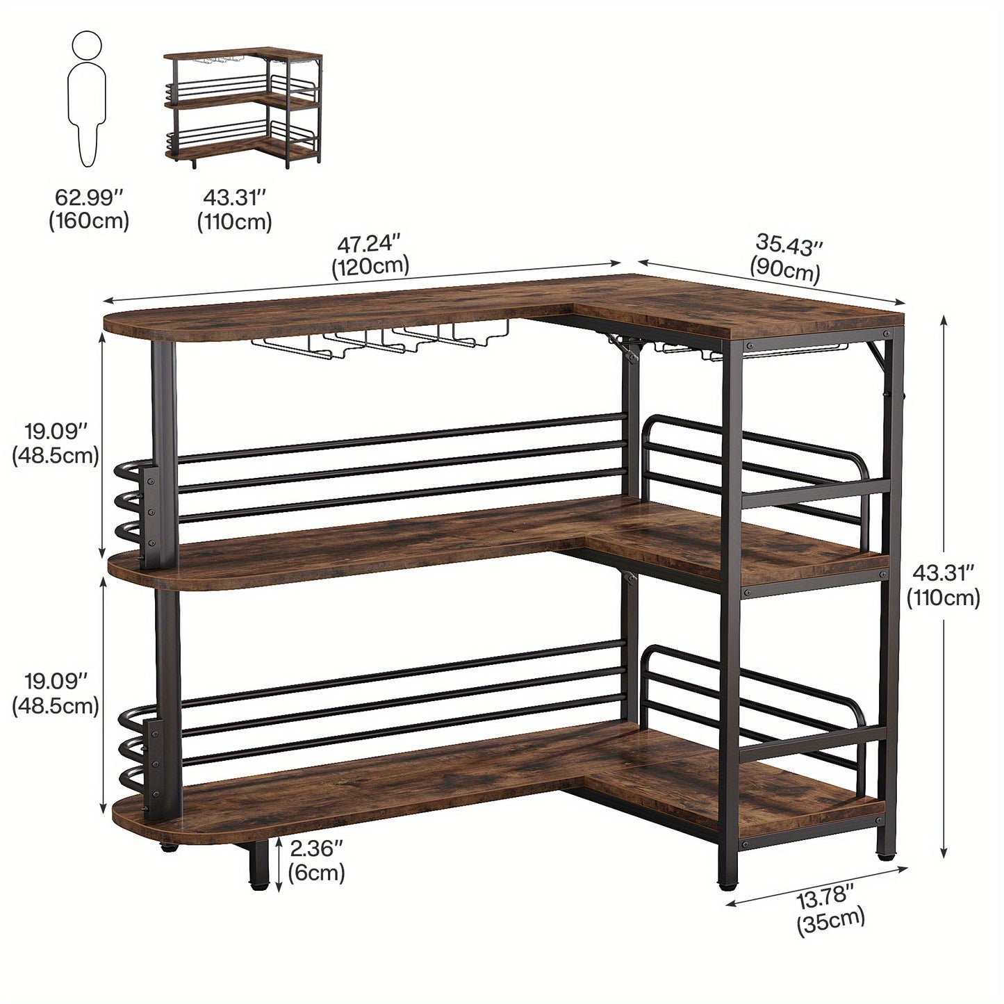 L-Vormige Hoekbar Tafel – Barmeubel – Mini Bar – Bar Cabinet – Home Bar – Drie Laags Met Wijnrek – Rustiek Bruin Hout – Compacte Opbergruimte