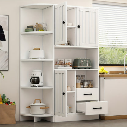 White Modern Corner Storage Cabinet with 3 Cabinets & 2 Drawers - Space-Saving Tall Bookshelf with Open Shelves & Closed Storage, Freestanding Floor Cabinet for Living Room, Hallway, Entryway - Easy Assembly, Classic Design,