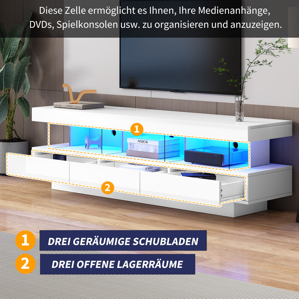 TV-Meubel – Tv Kast – Televisiemeubel – Entertainment Meubel – Wit Hoogglans – 3 Glazen Planken – Stevige Constructie – Eenvoudige Montage
