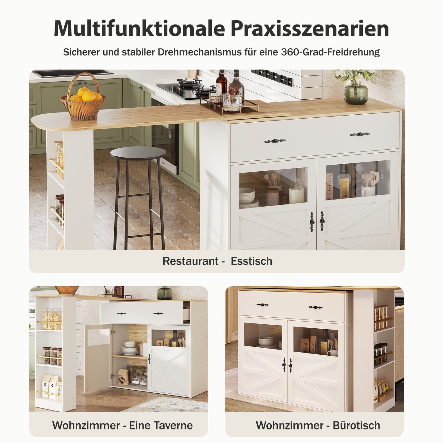 Bartafel – Bistrotafel – Barmeubel – Keukentafel – Uitklapbare Tafel Wit – 360° Draaibaar Blad – Uitschuifbaar 138-204 cm