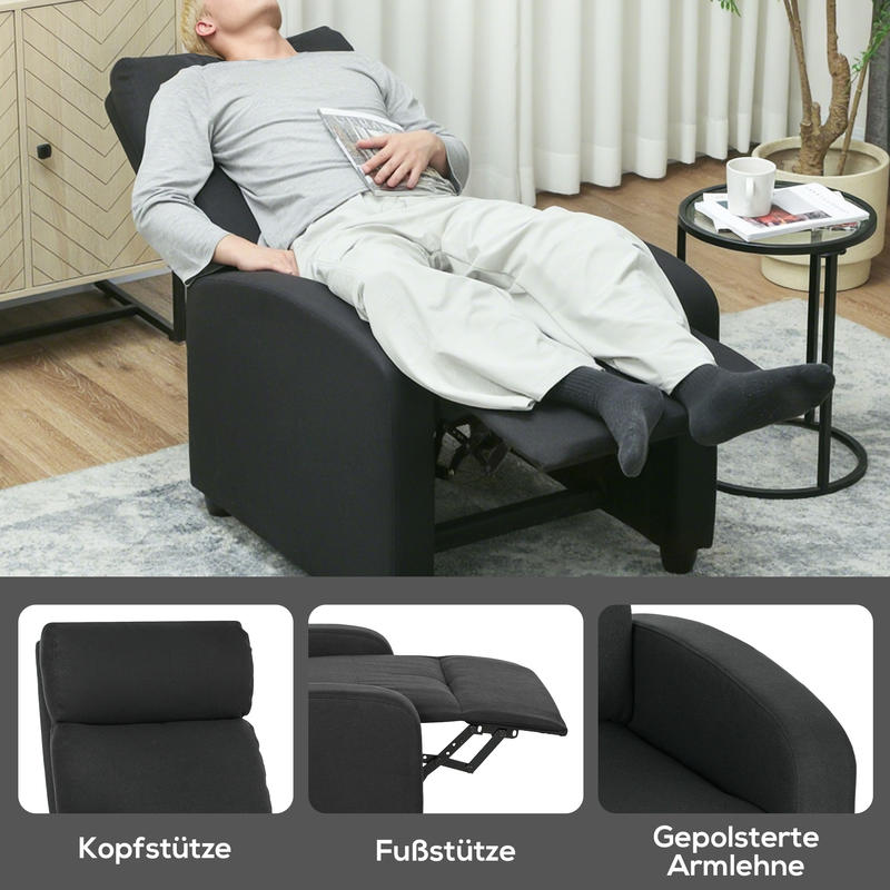 Relaxstoel – Fauteuil – Draaistoel – Loungestoel – Relaxfauteuil – Verstelbaar tot 135° – Uitschuifbare Voetensteun – Polyester Bekleding – 5-Wielige Stevige Basis – Handmatige Bediening – Modern Zwart Design