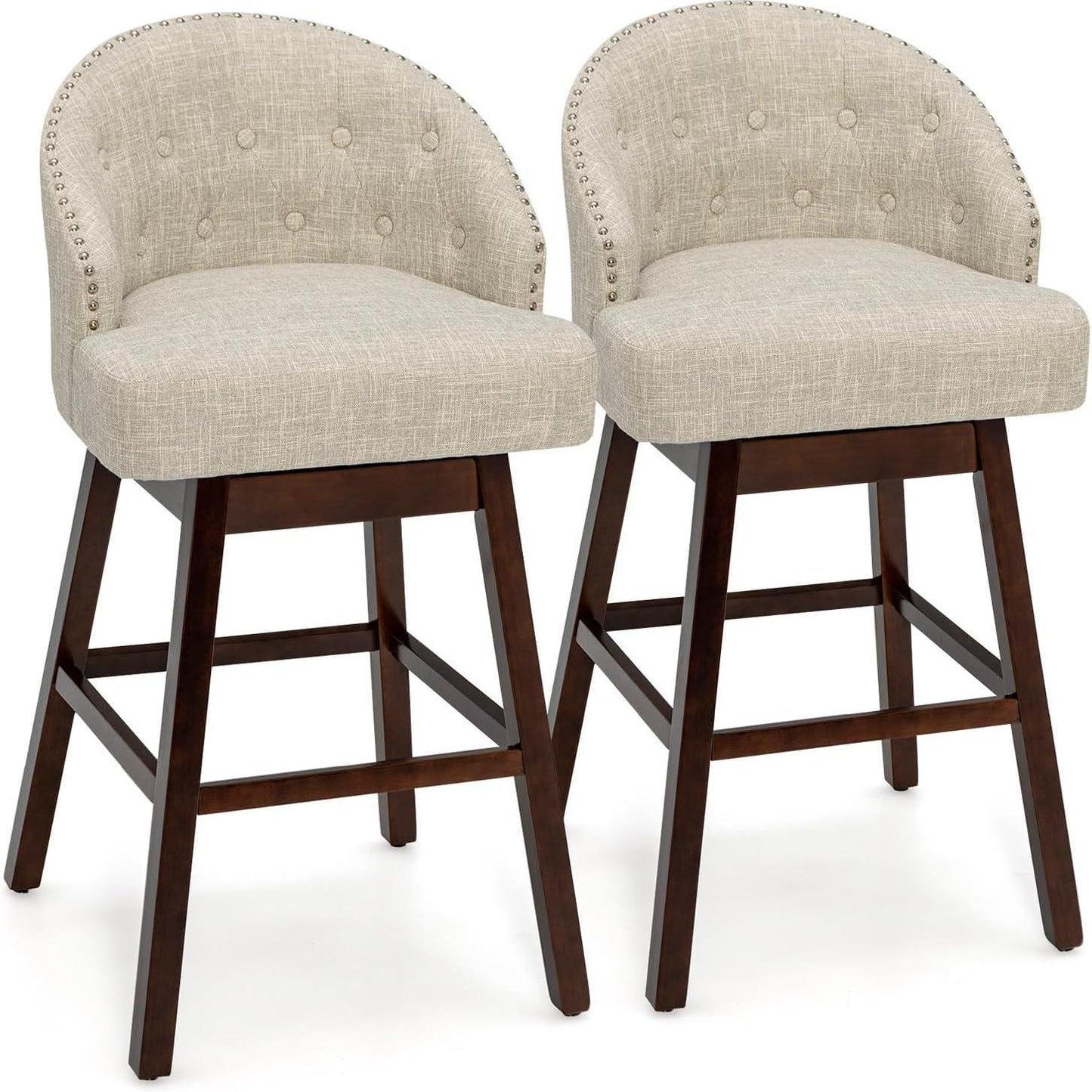 Barkrukken – Barstoelen – Keukenstoelen – Barkruk Set – 2 Stuks – 360° Draaibaar – Ergonomische Rugleuning – Verstelbare Voetensteun – Beige Rubberwood Frame