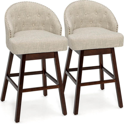 Barkrukken – Barstoelen – Keukenstoelen – Barkruk Set – 2 Stuks – 360° Draaibaar – Ergonomische Rugleuning – Verstelbare Voetensteun – Beige Rubberwood Frame