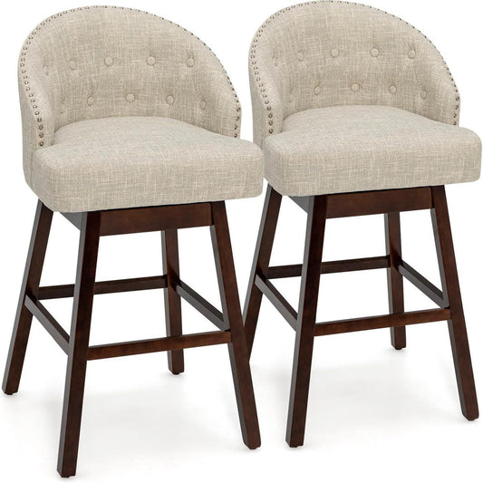 Barkrukken – Barstoelen – Keukenstoelen – Barkruk Set – 2 Stuks – 360° Draaibaar – Ergonomische Rugleuning – Verstelbare Voetensteun – Beige Rubberwood Frame