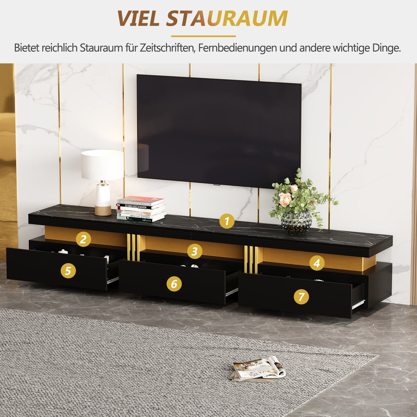 Modern TV-meubel – Tv-meubel – Lowboard – Tv-kast – Mediameubel – Marmerlook – 3 Laden – Kabeldoorvoer – Geschikt voor TV’s tot 90 inch – Wit-Goud