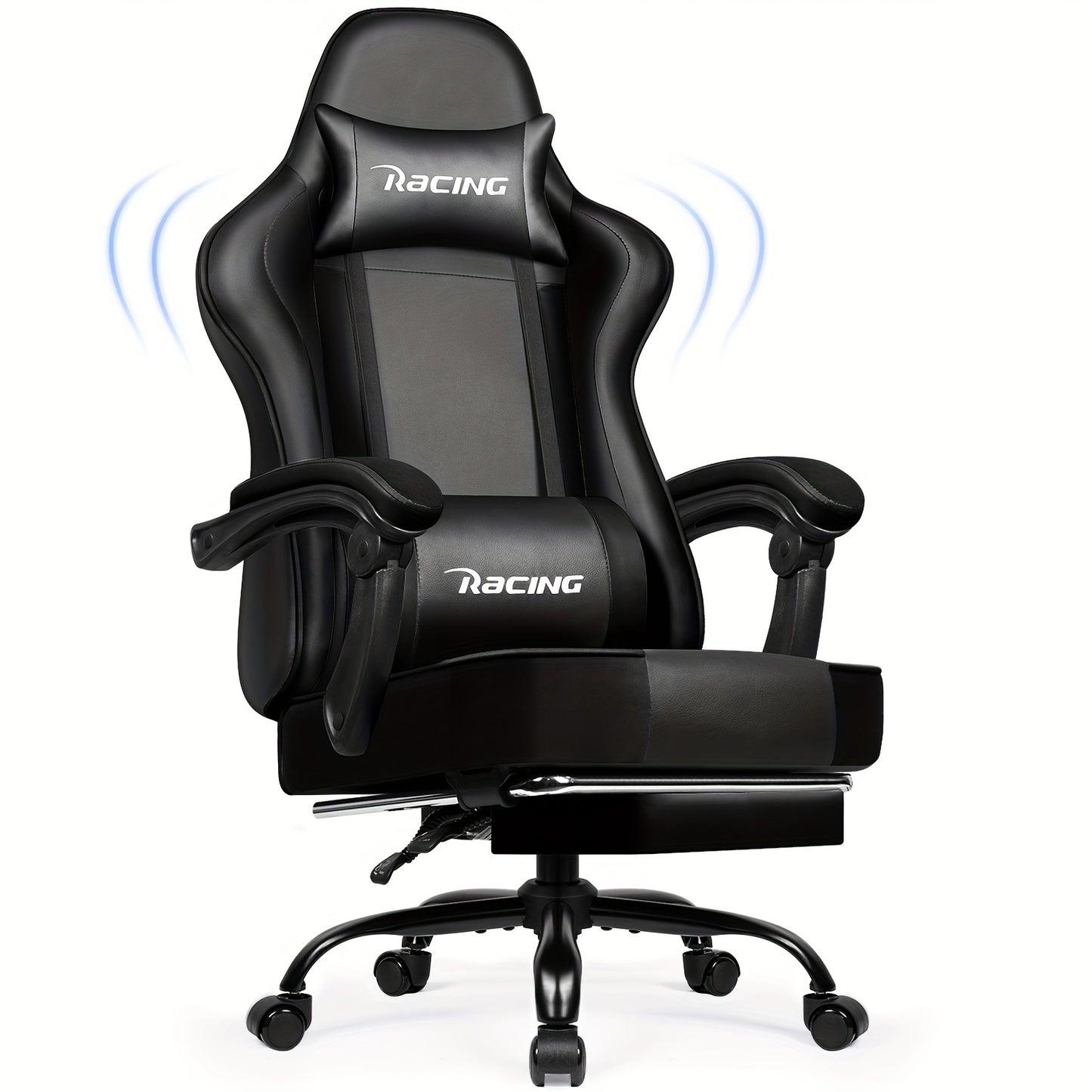 Gronfont Gaming Chair With Footrest, Ergonomic Gaming Chair, Gaming Armchair With Adjustable Lumbar Pillow, Headrest, Height Adjustable And Swivel, PC Chair, Gaming Chair 150 Kg, Black, Perfect Christmas Gift For Gamers & Hom