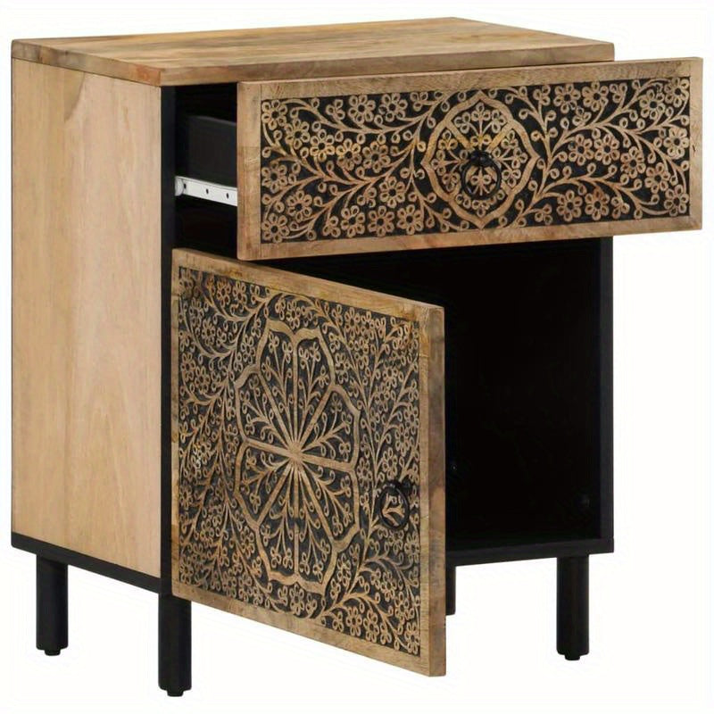 Nachtkastje – Bijzettafel – Ladekast – Opbergkast – Nachtkast – Massief Mangohout – Modern Design – Compact 50x33x60 cm – Zwarte en Gouden Deuren