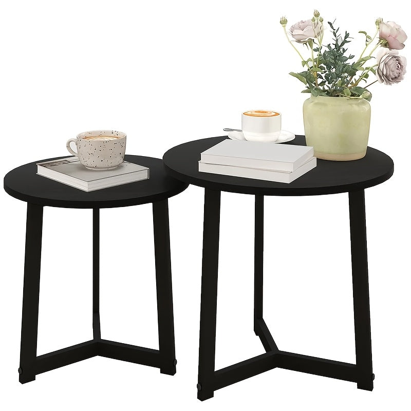 Expandable Stackable 2pcs Round Coffee Table & Side Table Set - Space-Saving Modern Sofa Table for Small Spaces, Expandable Table Suitable for Living Room, Bedroom, Compact Apartments - Assembly, Black Furniture