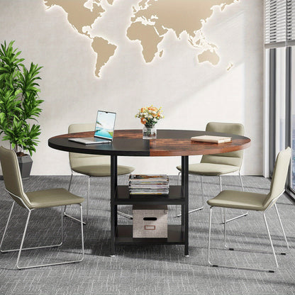Ronde Conferentietafel – Vergadertafel – Bureautafel – Meetingtafel – Trainingstafel – Voor 4-6 Personen – Met Opbergrek – Houten Blad Met Metalen Poten – Zwart Bruin