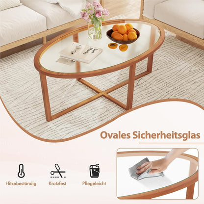 Salontafel – Woonkamertafel – Theetafel – Bijzettafel – Glazen tafel – Ovaal – Gehard glas – Massief acaciahouten poten – 118 x 71,5 x 47,5 cm