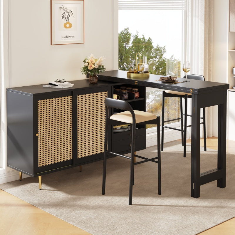 Bartafel – Statafel – Keukentafel – Bistrotafel – Barmeubel – 360° Draaibaar & Uitschuifbaar – MDF Met Rattan Opbergruimte – Zwart Retro Design – Compact Voor Kleine Ruimtes