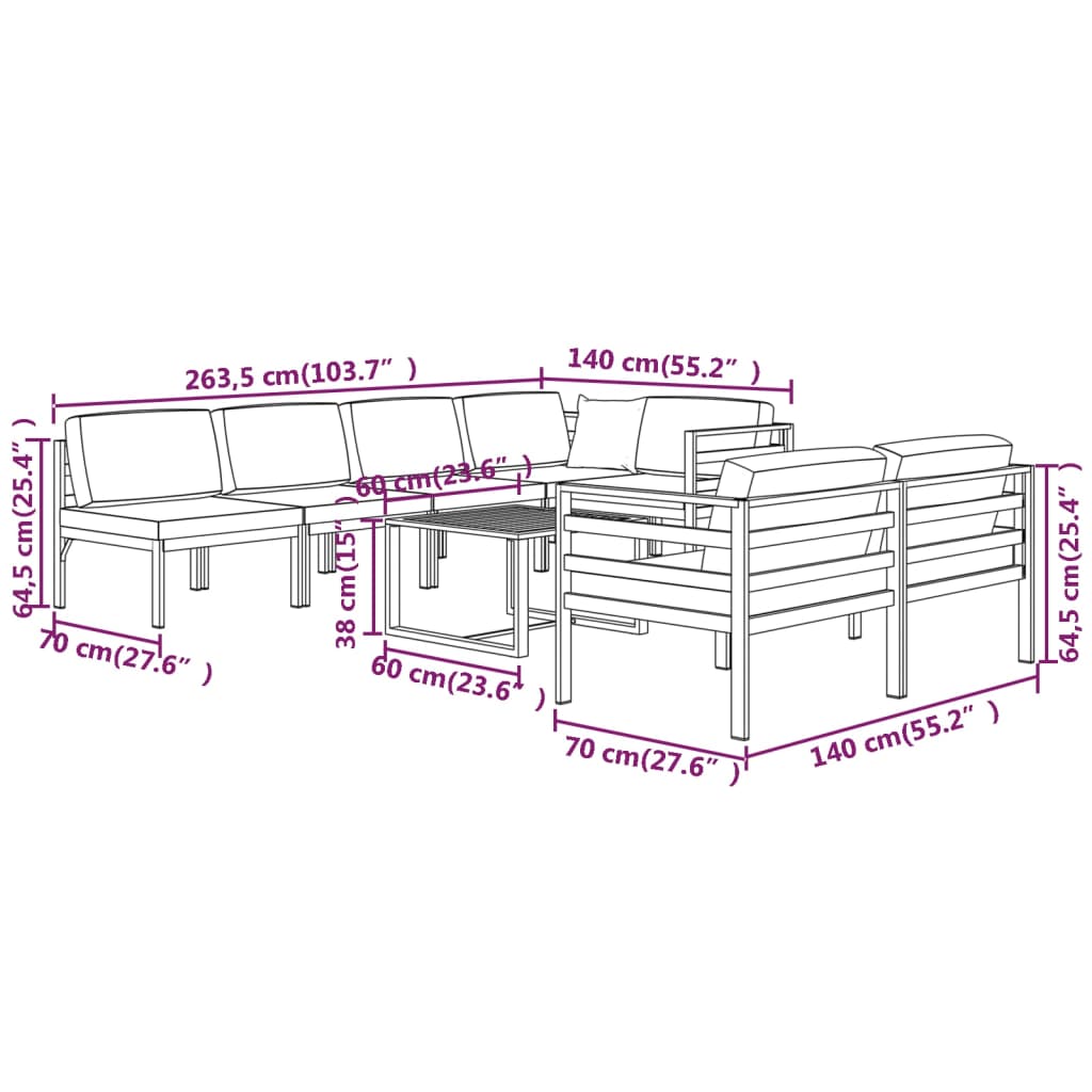 Loungeset Aluminium – Tuinmeubelset – Loungebank – Garden Lounge – Modulair – 9-delig met Kussens – Weerbestendig – Lichtgewicht