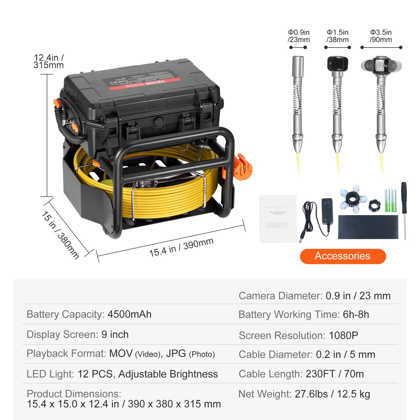 Rioolcamera – Afvoerinspectiecamera – Pijpencamera – Inspectiesysteem – Zelfnivellerende Cameratype – 70 Meter Kabel – 9 Inch HD Scherm – 512Hz Locatiefunctie