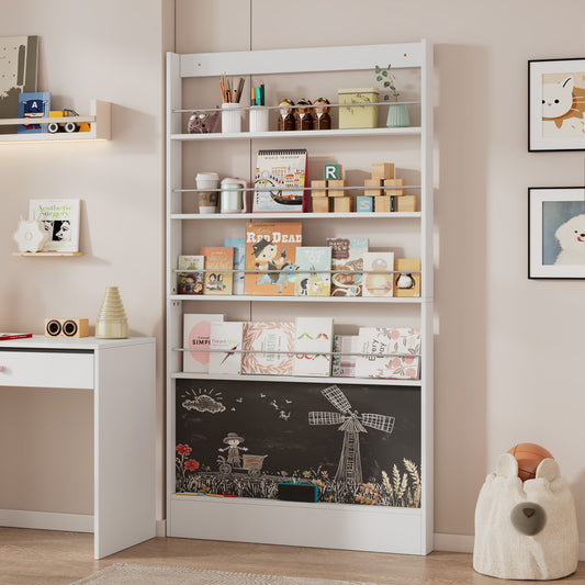 Boekenkast 4-laags – Boekenkastje – Kast – Opbergkast – Speelkamerkast – Beschrijfbare Deurtjes – Vrijstaand – Tipveiligheid – Verstelbare Planken – Wit – Eenvoudige Montage