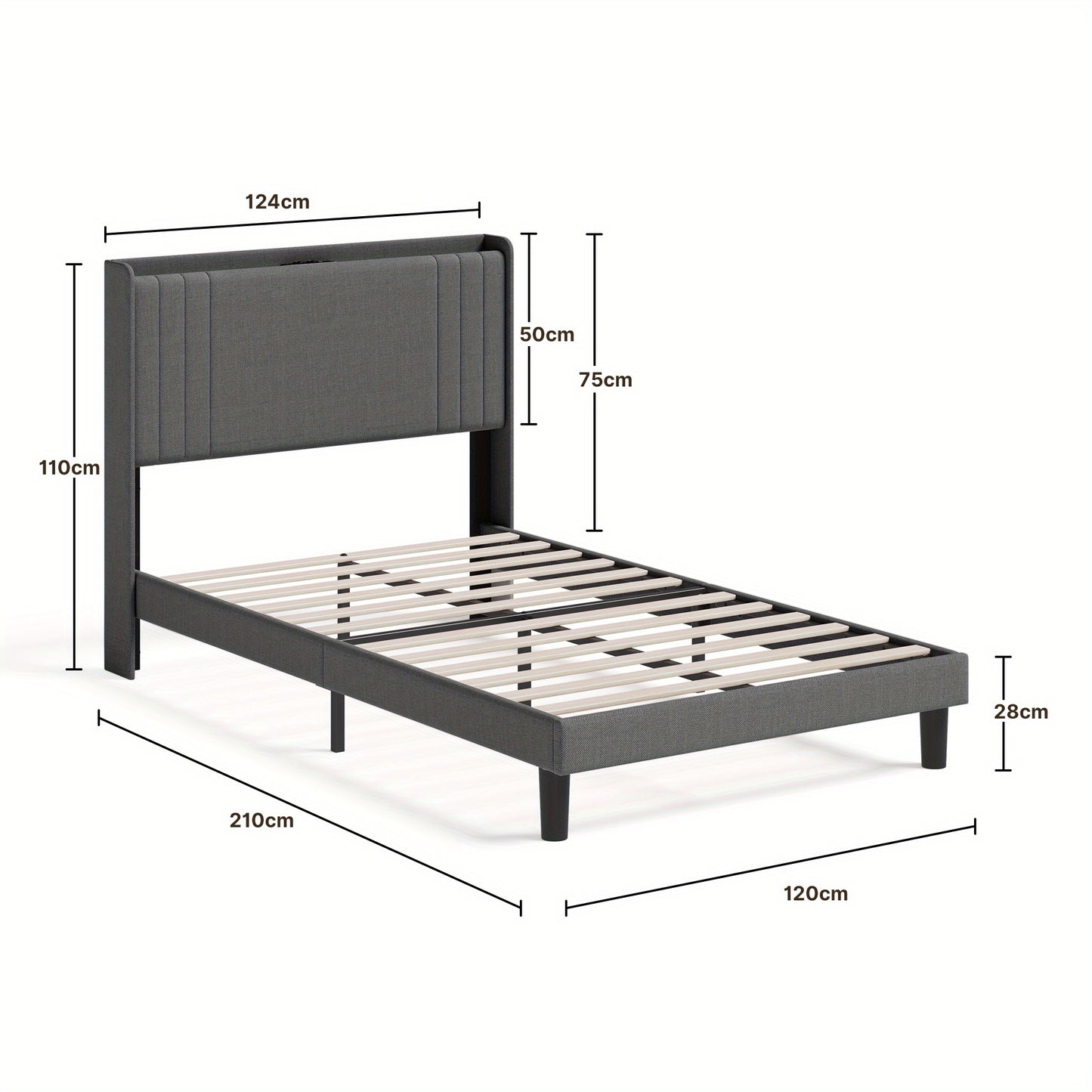 Tweepersoonsbed – Bedframe – Slaapbank – Opbergbed – Hoogslaper – 120x200 cm – Stijlvol Beige – Met Opbergruimte Hoofdbord – Stevig Hout-Metaal Frame