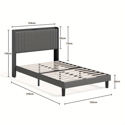 Tweepersoonsbed – Bedframe – Slaapbank – Opbergbed – Hoogslaper – 120x200 cm – Stijlvol Beige – Met Opbergruimte Hoofdbord – Stevig Hout-Metaal Frame