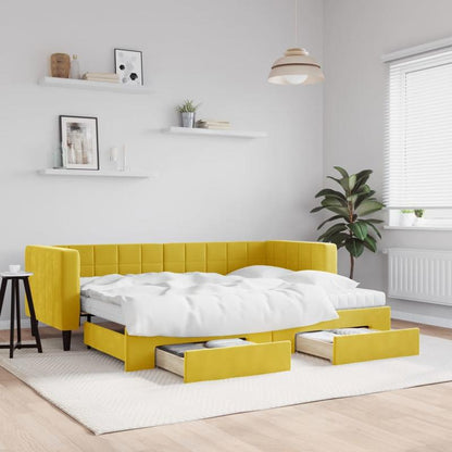 Bedbank – Slaapbank – Logeerbed – Slaapsofa – Sofa Bed – Uitschuifbaar Trundle Bed – Luxe Gele Velvet Bekleding – Stevige Hardhouten Constructie 80x200 cm