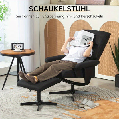 Relaxfauteuil – Draaifauteuil – Schommelstoel – Lounge Stoel – Voetenbank – Zwart Fluweel – Zwaar Metaal Frame – Eenvoudig Schoonmaken