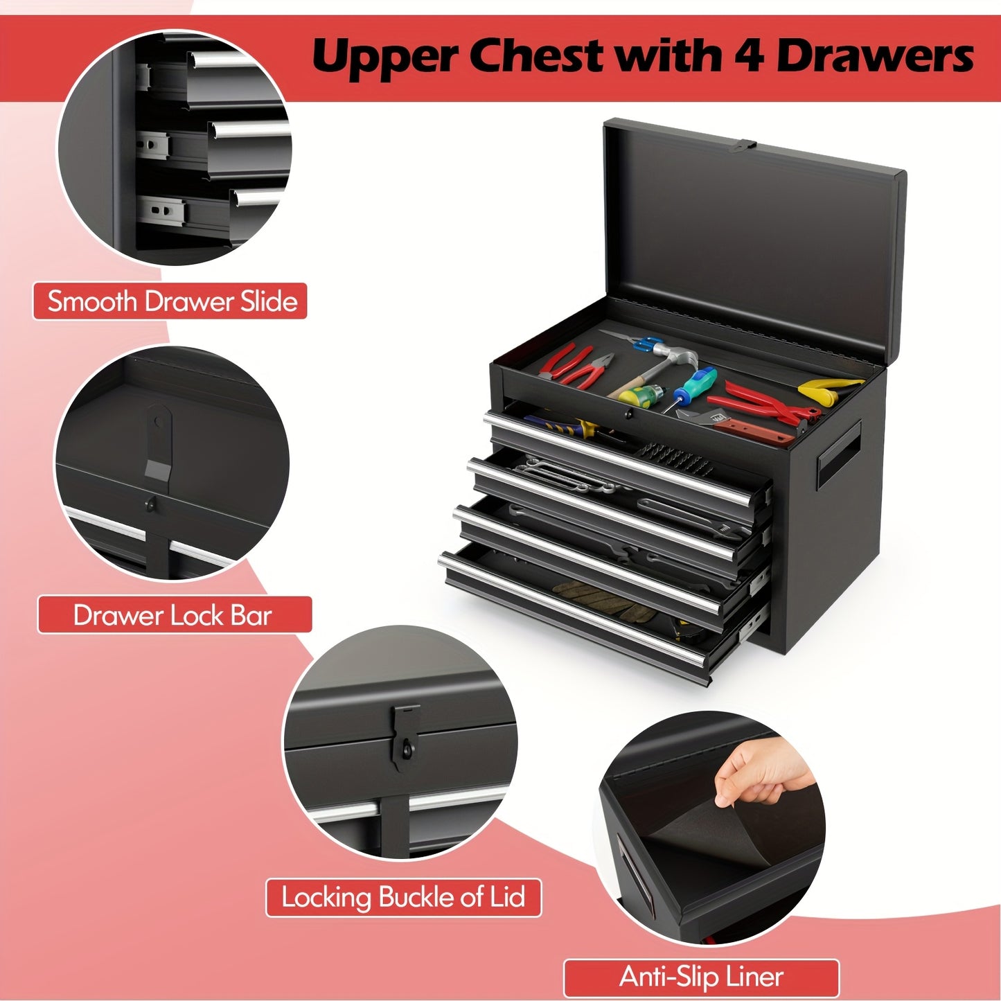 Gereedschapskist – Werkplaatskast – Tool Organizer – Opbergkist – Gereedschapswagen – Vergrendelbare Wielen – Verstelbare Planken – Afneembare Bovenkist – Antislip Voeringen – Robuuste Metalen Constructie – Zwart
