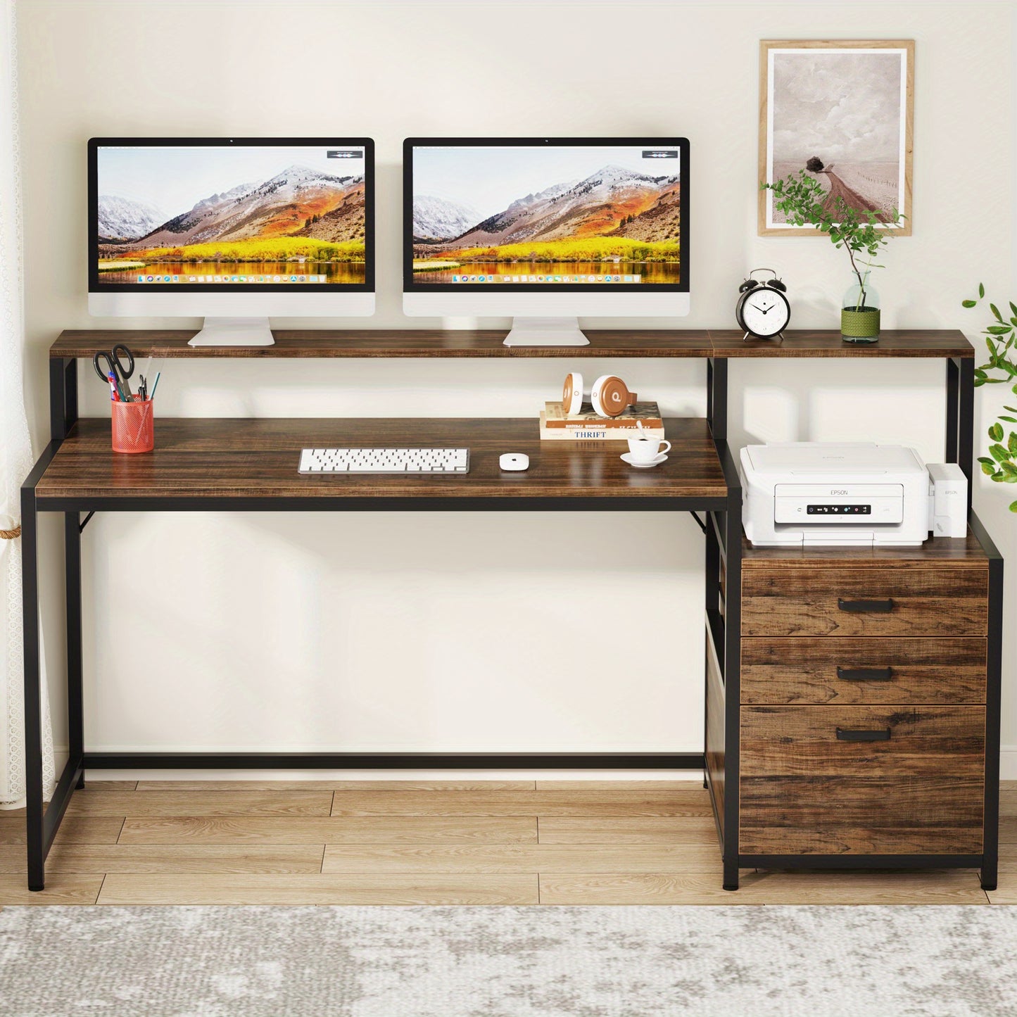 Industrieel Bureau – Computerbureau – Werkblad – Thuiswerkplek – Bureaumeubel – Vintage Bruin Zwart – Ergonomische Werkhoogte 68,58 cm – Stevig Metalen Frame & Opbergruimte 3,2 m³