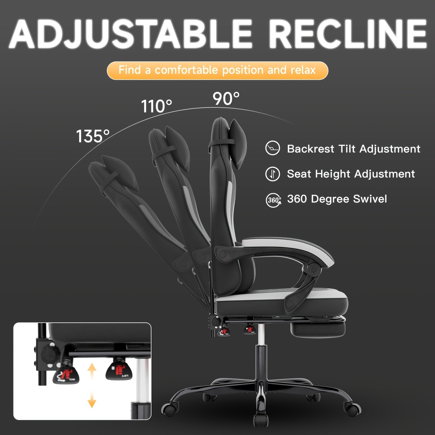 Ergonomische Gaming Stoel – Racing Stoel – Bureaustoel – Gamestoel – Office Chair – Diepgrijs – Verstelbare Rugleuning – Memory Foam Zitting