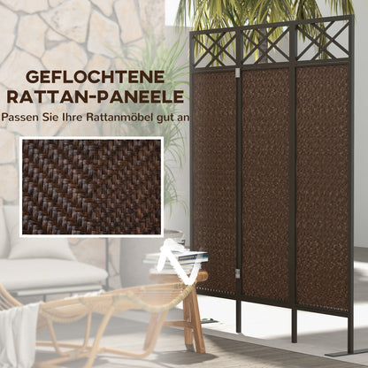 Roomdivider – Scheidingswand – Kamerscherm – Tuinscherm – Privacy Scherm – Vintage Design – Handgeweven PE Rattan – Weerbestendig Stalen Frame – 3 Panelen 148x33x181 cm – Bruin Zwart