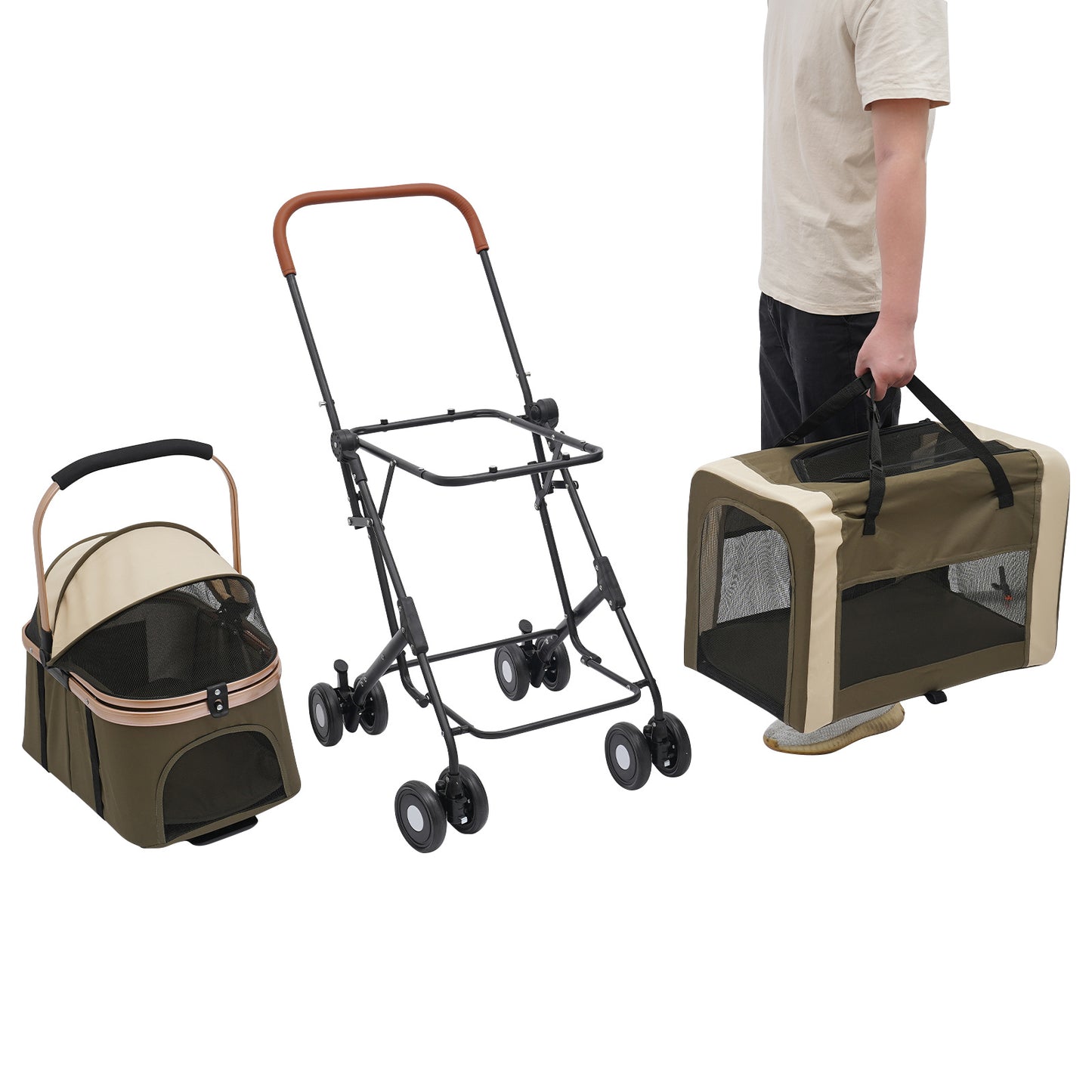 2-Tier Pet Stroller | Premium Materials, Breathable and Comfortable, Multifunctional Design, Easy to Store and Carry, Suitable for Cats and Dogs, NaMaSyo, Army Green