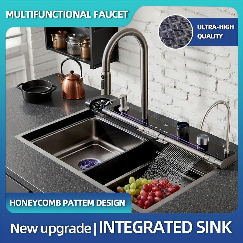 Keukenspoelbak – Spoelbak – Gootsteen – Wasbak – Spoelbakken – Roestvrij Staal – 75x45 cm – Undermount – Watervalkraan – Uittrekbare Sproeikop – Slimme Display – Bekerhouder – Compleet Accessoireset