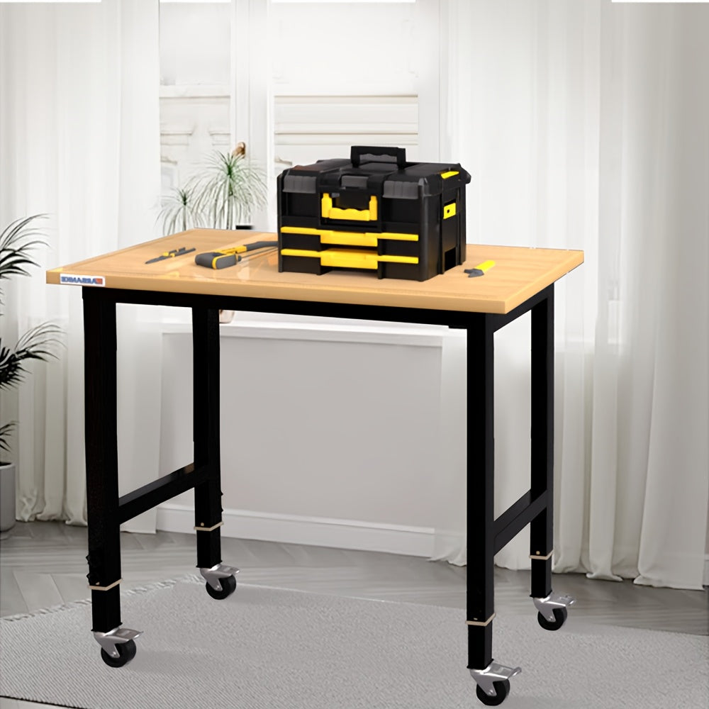 Houten Werkbank – Werktafel – Klusbank – Werkplek – Tafel Met Verstelling – In hoogte verstelbaar 85-105 cm – 900 kg Draagvermogen Met Wielen En Voetsteun