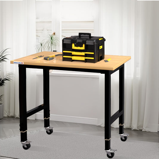 Houten Werkbank – Werktafel – Klusbank – Werkplek – Tafel Met Verstelling – In hoogte verstelbaar 85-105 cm – 900 kg Draagvermogen Met Wielen En Voetsteun