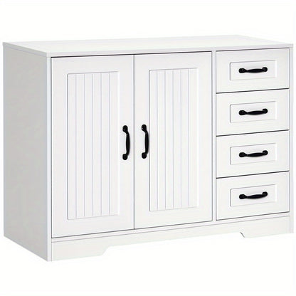 Modern White Sideboard Cabinet with 4 Drawers & Storage Door - Heavy-Duty Hardwood Construction, Contemporary Minimalist Design with Black Knobs, Space-Saving Vertical Storage for Living Room, Hallway, Small Spaces - Easy Ass