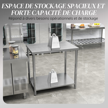 Roestvrijstalen Werktafel – Keukentafel – Voedselbereidingstafel – Werkbank – Opbergtafel – 90x60x86 cm – Duurzaam RVS Materiaal – Verstelbare Poten