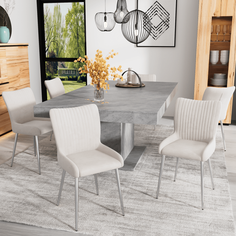 Velvet Stoel – Eetkamerstoel – Lounge Stoel – Woonkamerstoel – Bureau Stoel – Set Van 6 – Zachte Beige Fluweel Bekleding – Stevige Zilverkleurige Metalen Poten