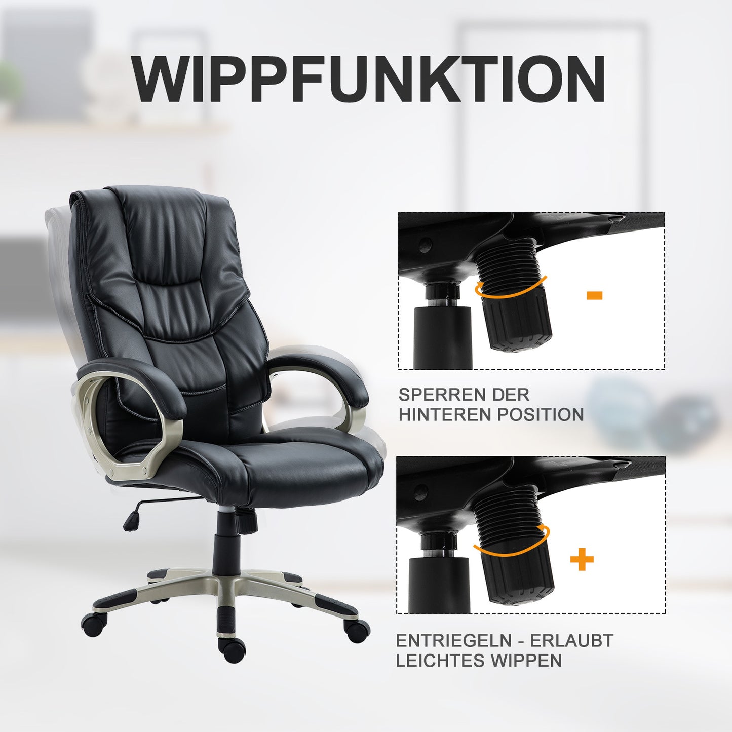 Bureaustoel – Office Chair – Ergonomische Stoel – Draaistoel – Desk Chair – Met Schommelfunctie – Zwart Kunstleer – Metalen Frame – Hoge Rugleuning – 70x58x114–124 cm