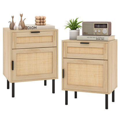 Nachtkastje – Bedside Table – Bijzettafel – Dressoir – Kastje – Set Van 2 – Rattan Details – Stevige Metalen Poten