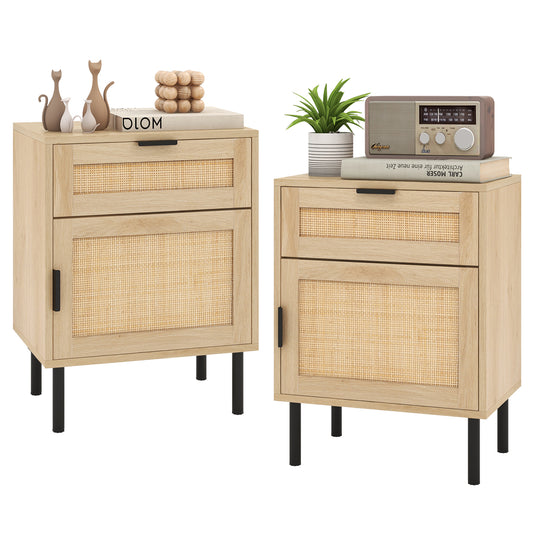 Nachtkastje – Bedside Table – Bijzettafel – Dressoir – Kastje – Set Van 2 – Rattan Details – Stevige Metalen Poten
